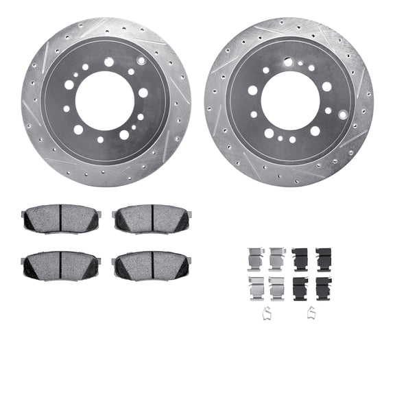 Dynamic Friction Company Rear Brake Rotors-Drilled and Slotted-Silver with Heavy Duty Brake Pads includes Hardware 7212-76006