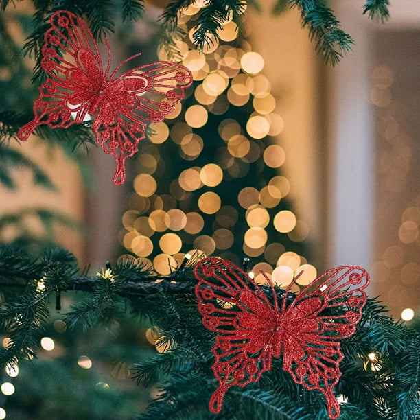 Adornos navideños de mariposas huecas con purpurina dorada | Decoración navideña de plástico para bodas, cajas de regalo y fiestas | Juego de 12 (rojo, dorado y plateado)