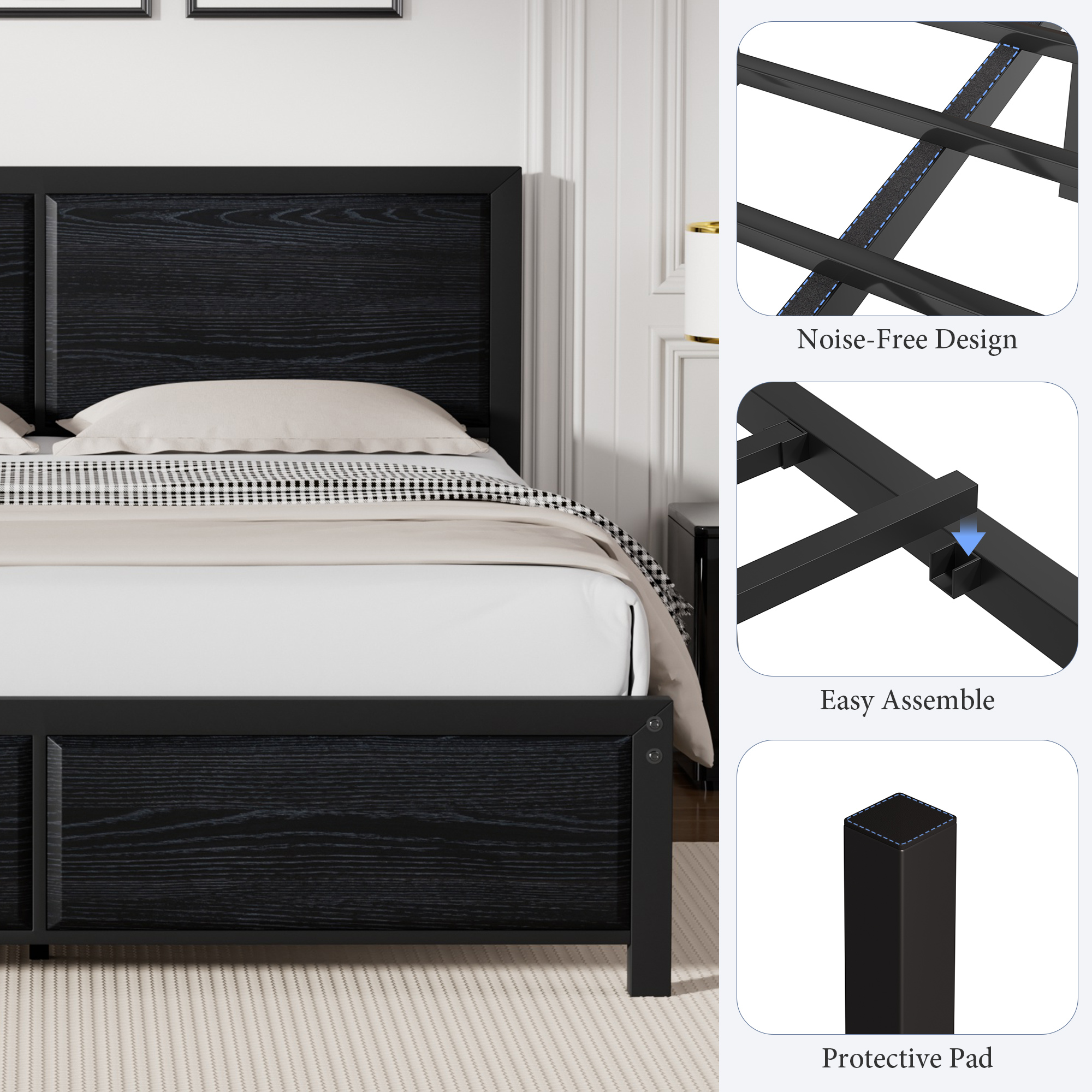 VECELO Queen Metal Bed Frame with Wooden Headboard and Footboard, Heavy Duty Slat Supprt, No Box Spring Needed, Easy Assembly, Black