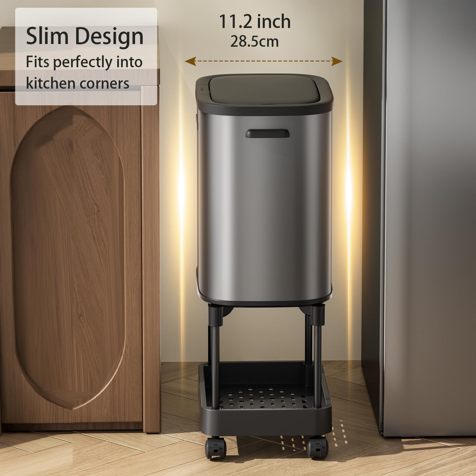 MRBIN Stainless Steel Tall Kitchen Trash Can with Shelf and Wheels, High Legs 36L / 9.5gal Press Top Narrow Waste Basket, Slim Lidded Litter Garbage Bin Pet Proof for Vanity, Bedroom, Eclipse Grey