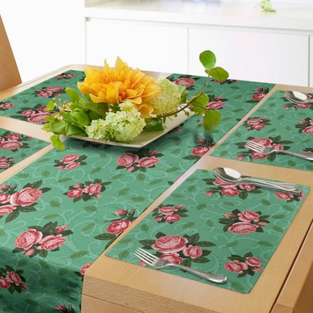 

Vintage Floral Table Runner & Placemats Flowers Illustration Roses and Leaves Ornaments Retro Romance Design Set for Dining Table Placemat 4 pcs + Runner 14 x90 Coral and Green by Ambesonne