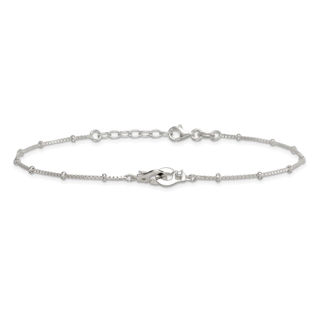 Sterling Silver Polished Beaded White CZ Interlinking Circles 9 inch with 1 inch Extension Anklet