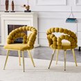 thumbnail image 2 of Juego de 2 Sillas de comedor de terciopelo de cadena de bola de silla de burbuja hinchada amarilla con piernas de oro, sillas modernas tapizadas de acento para el comedor y la cocina, 2 of 5