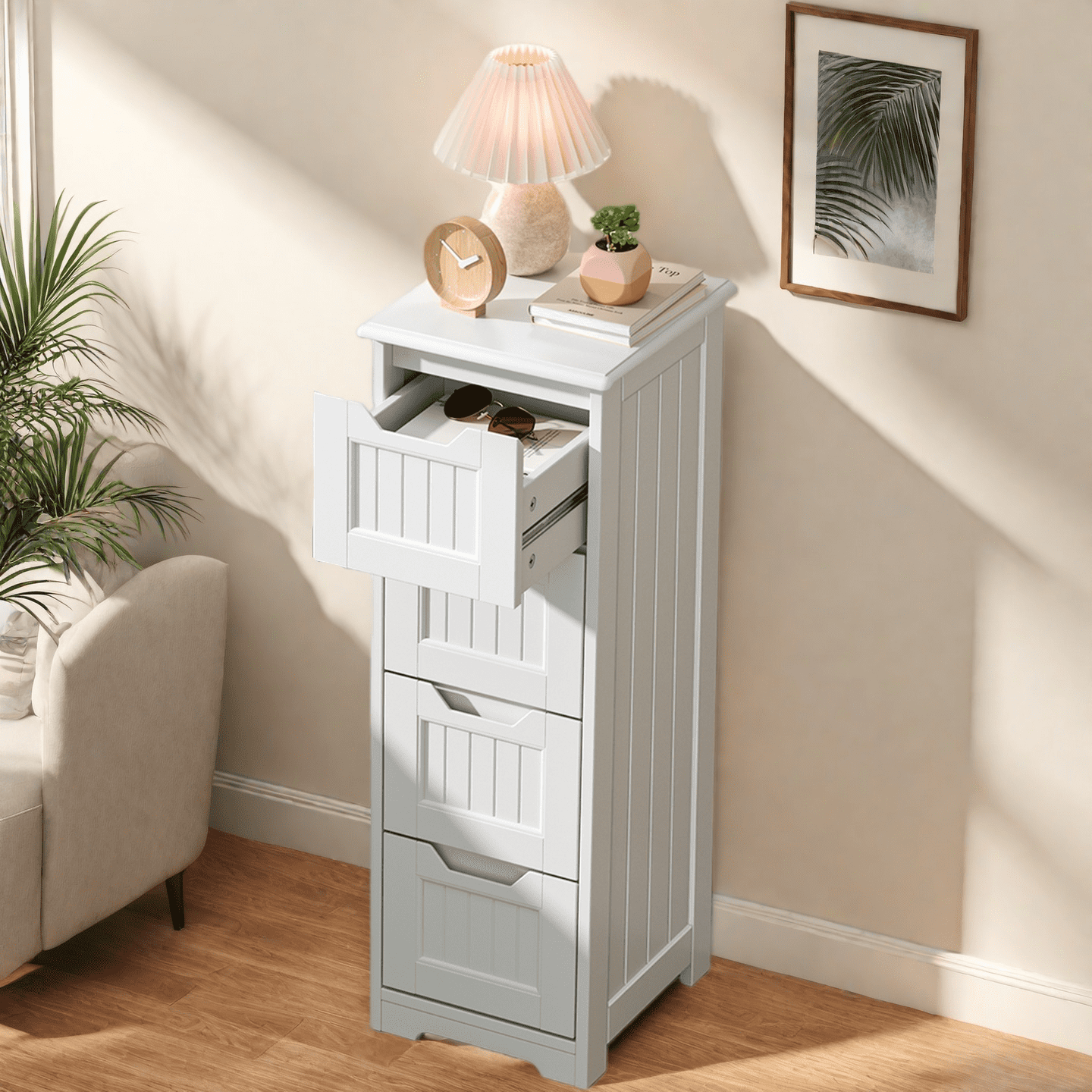 Storage Cabinet, Small Free Standing Narrow Cabinet with 4 Drawers for Living Room, Bedroom, Bathroom,White