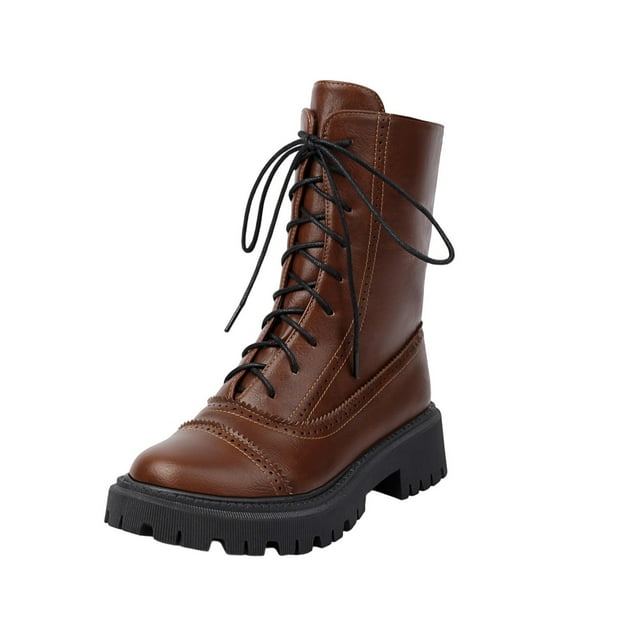 Xfvqtps Bottes d'Hiver à la Cheville pour Femmes Mode Talon Bas à Lacets Bout Rond Confortables Couleur Menthe Unique Design Brogue Bottes Décontractées Brun