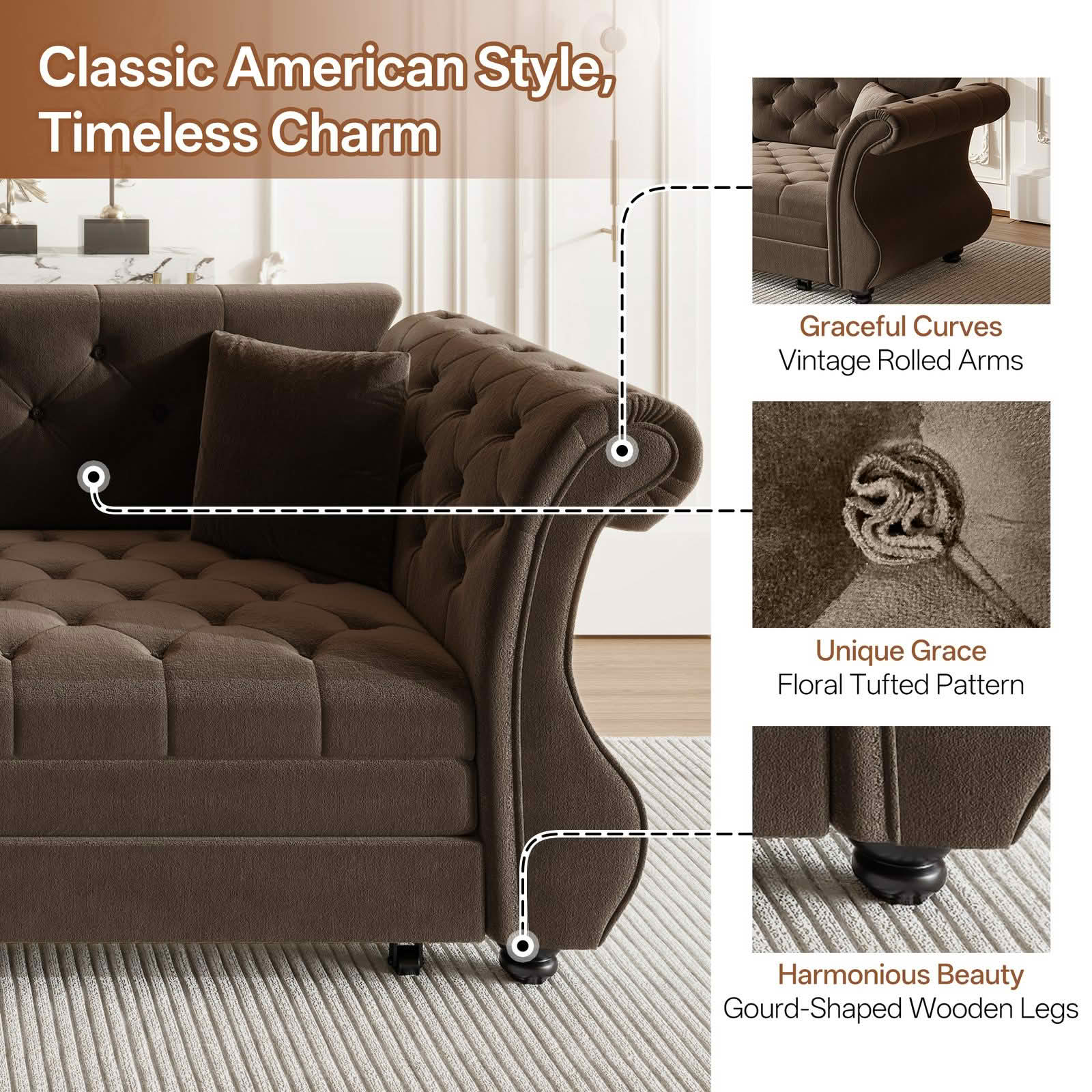 MAYEERTY 83.8" Chesterfield Pull‑Out Sofa Bed, Classic Roll‑Arm Velvet Couch with Flower Tufting, 2 Pillows Included for Living Room, Bedroom and Apartment