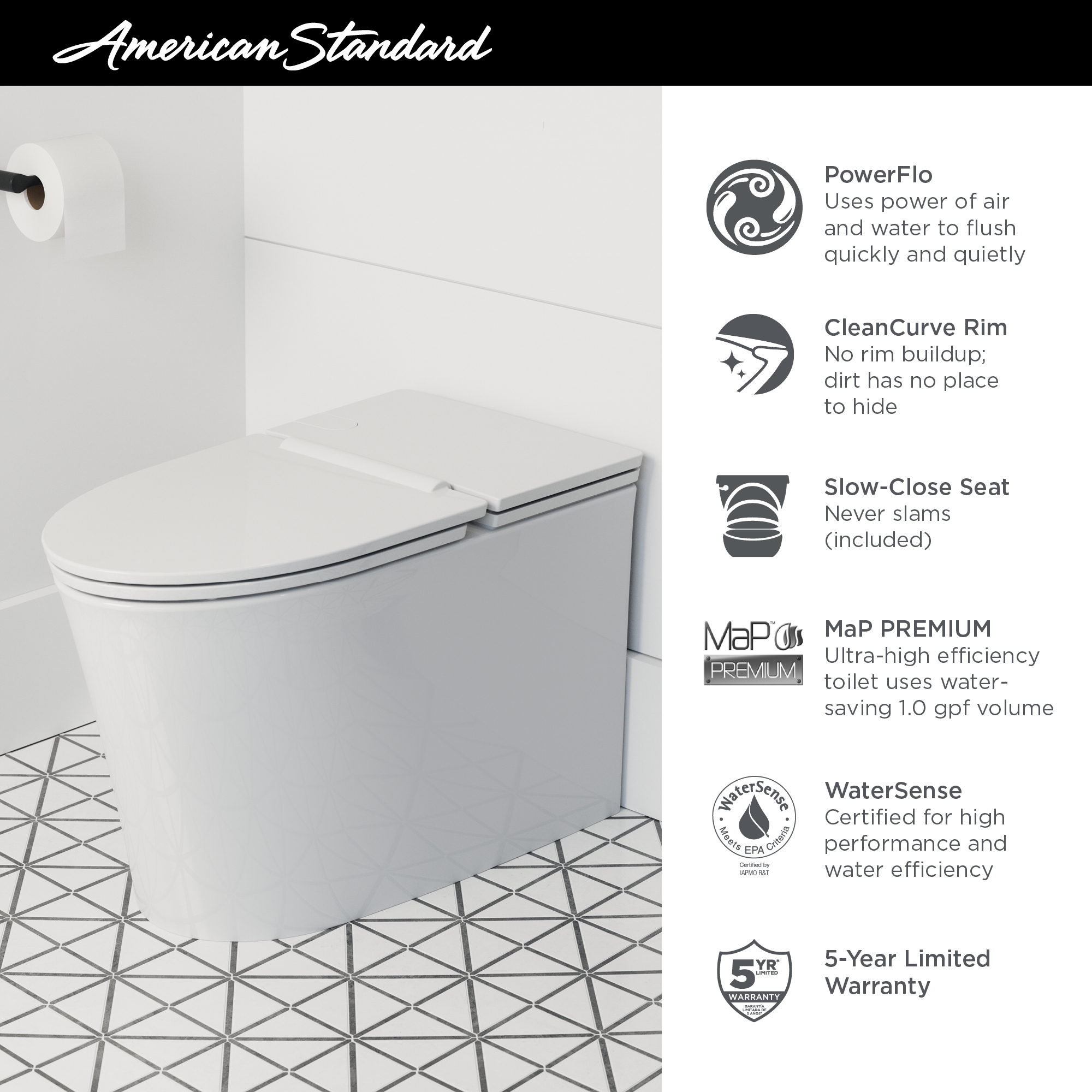 American Standard Studio S 1-piece 1.0 GPF White Elongated Low-Profile Toilet, Seat Included - image 6 of 14