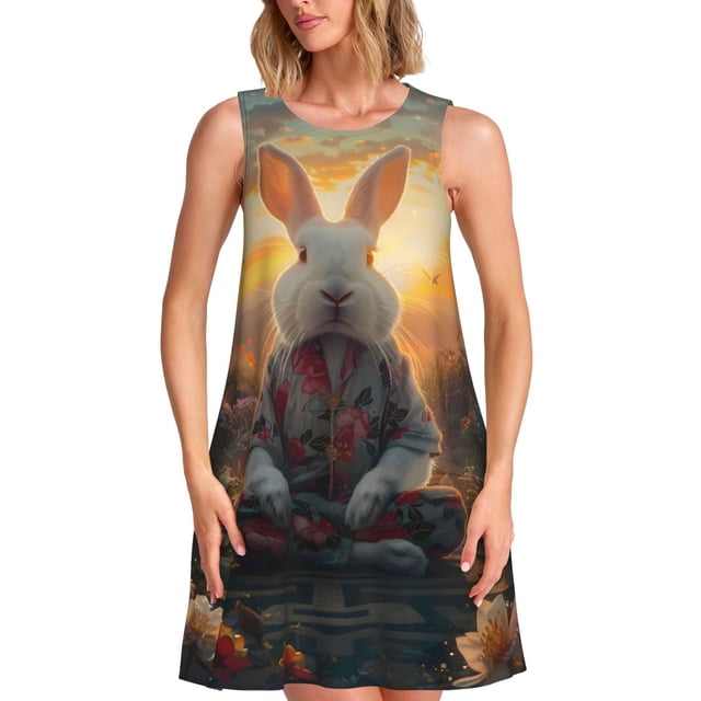 Bixox Robe Sans Manches à Imprimé Lapin Méditant pour Femmes avec Poches, Robe Décontractée Longueur Genou pour l'Été-TTG