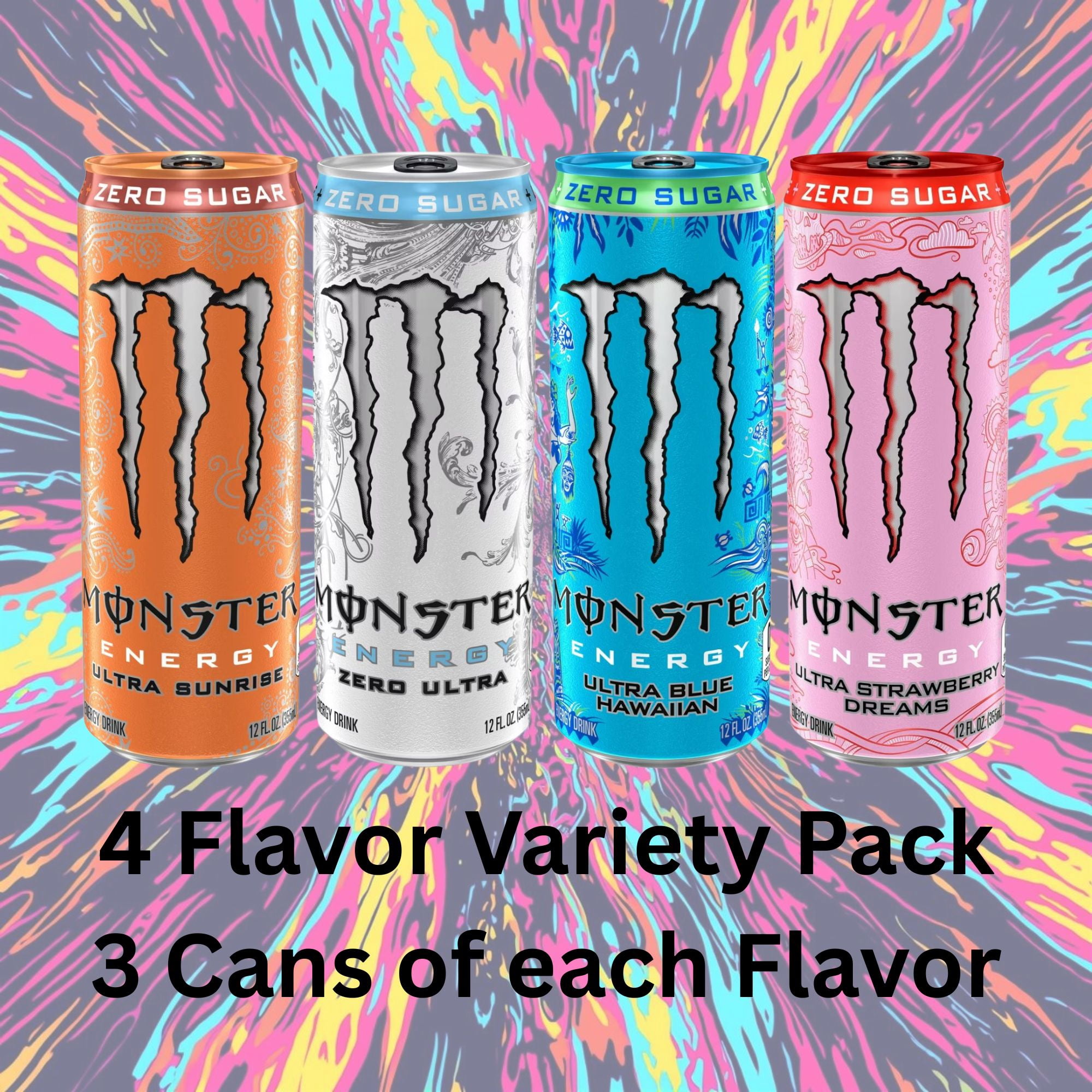 Monster Energy Ultra 12oz Variety Pack – 4 Flavors, 12 Cans Total (Zero Ultra, Blue Hawaiian, Sunrise, Strawberry Dreams)