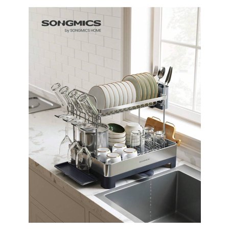SONGMICS Dish Drying Rack - 2 Tier Dish Rack For Kitchen Counter With Rotatable And Extendable Drain Spout, Dish Drainer With Utensil, Cup, Glass, Cutting Board Holders, Silve And Gray