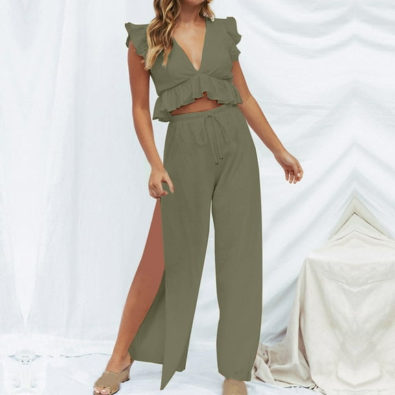 Jerdar Women Casual 2 Piece Short Sets V-Neck Crop Top Slit Wide Leg Pants Sleeveless V-Neck Top Shirt Suit Army Green L