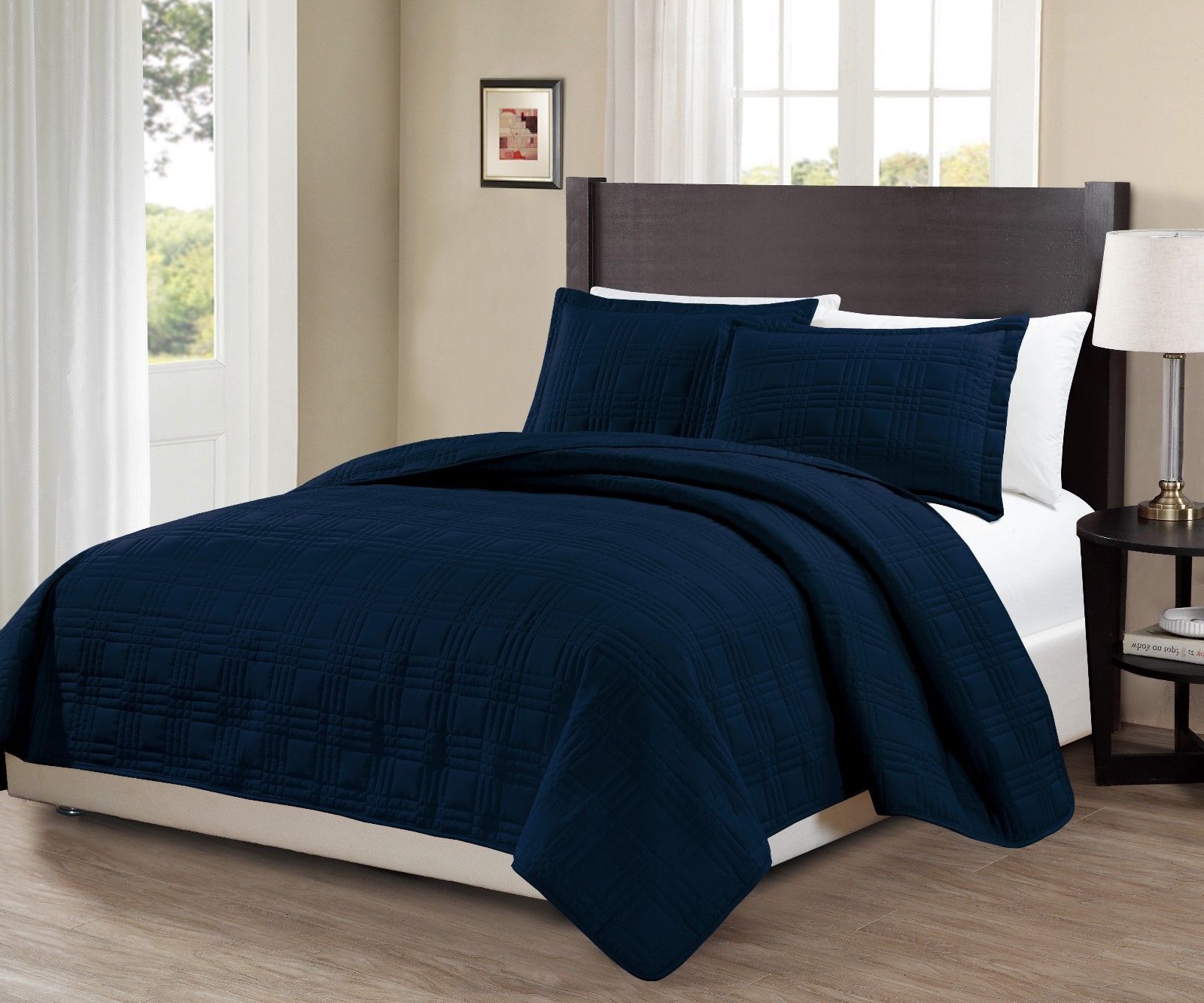 Fancy Linen 3pc Full/Queen Oversize Geo Quilted Embroidery Solid Navy