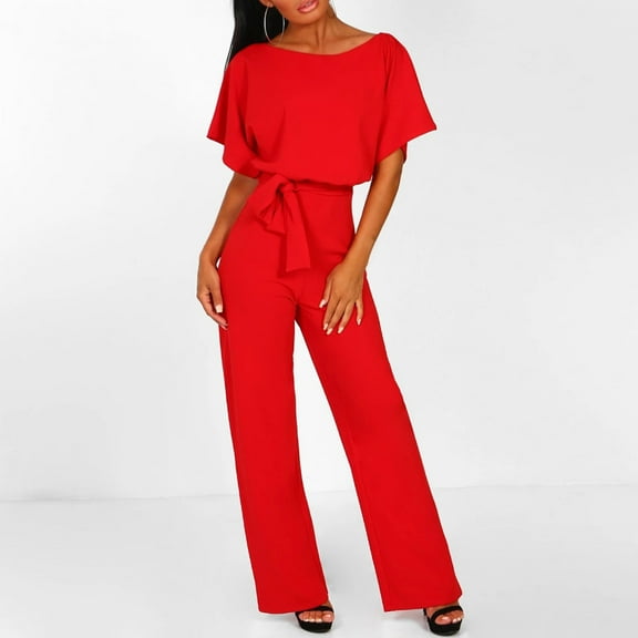 jjayotai Plus Size Women Pants Clearance Women Short Sleeve Playsuit Clubwear Straight Leg Jumpsuit with Belt Flash Picks Red