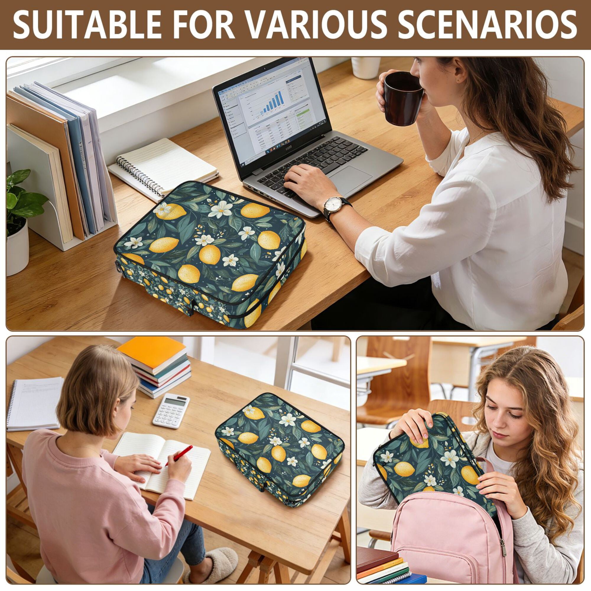 FORMRS Accordion File Folder A4 Size 7-Pocket Expanding Document Organizer Bag with 3 Ring Binder, Blue Floral Lemons