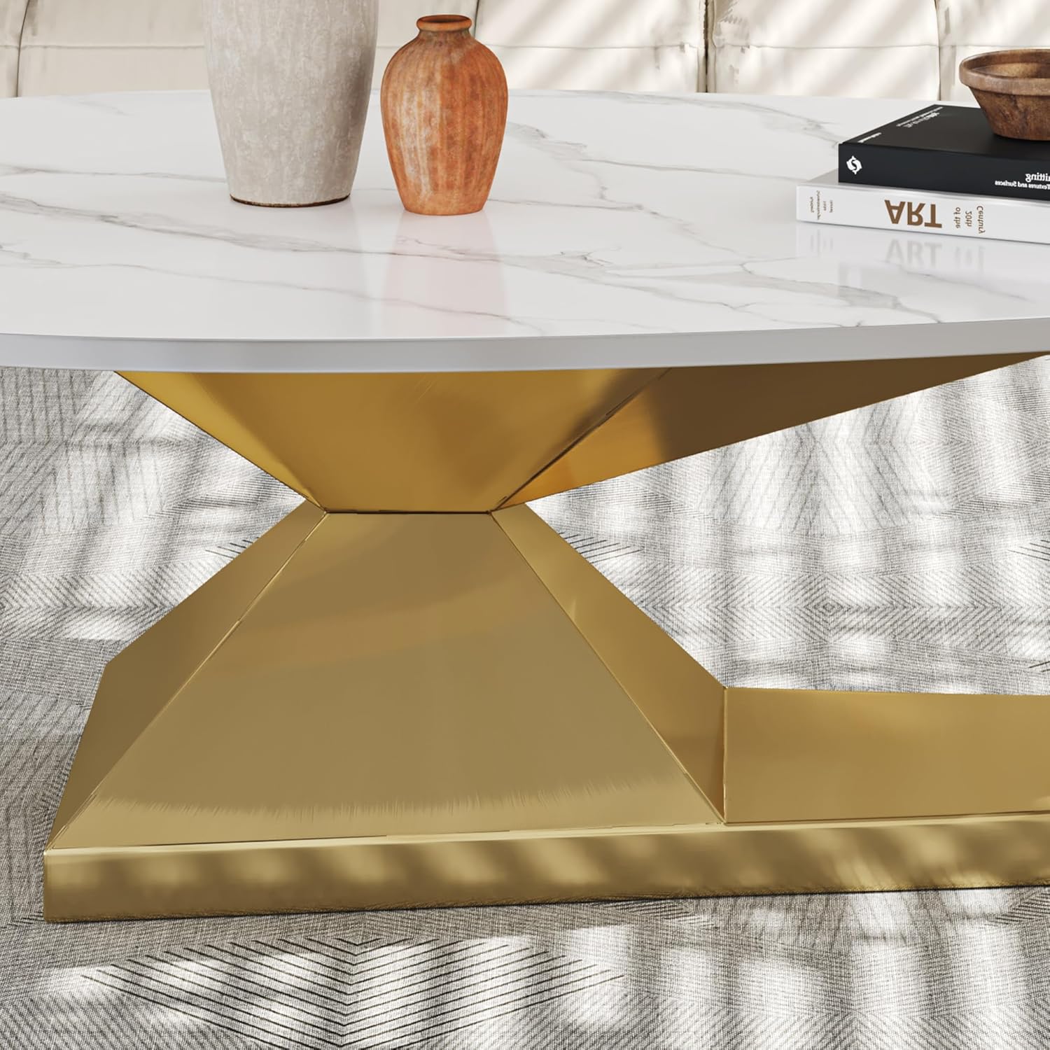 Tabaray Modern Oval Coffee Table Luxury Sintered Stone Top Coffee Table with Sculptural Geometric Stainless Steel Base,Mid-Century Marble Grain Center Table for Living Room,Gold
