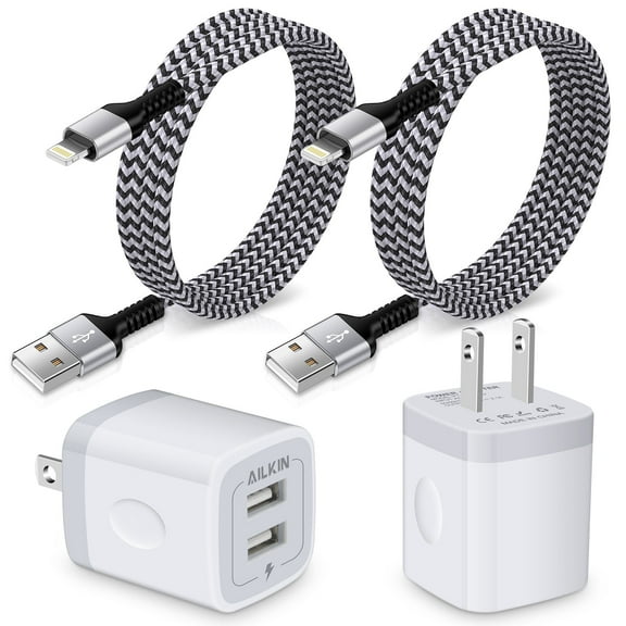 AILKIN Compatible with iPhone Charger Fast Charging with 2Pack Usb A Light-ning Cables 6ft Cords 2.1A Dual Port Charger Blocks Compatible with iPhone 14/13/12/11,White
