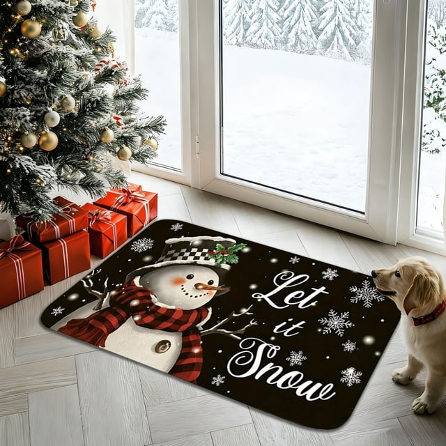 Christmas Floor Mat Absorbent Polyester Door Mat | Non-Slip Kitchen Bathroom Rug | Red Black Holiday Decor Cushioning Soft Durable Welcome Mat for Entryway Living Room Bedroom