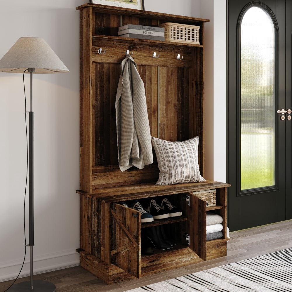 Castle Place Modern Hall Tree with Storage Cabinet, Walnut