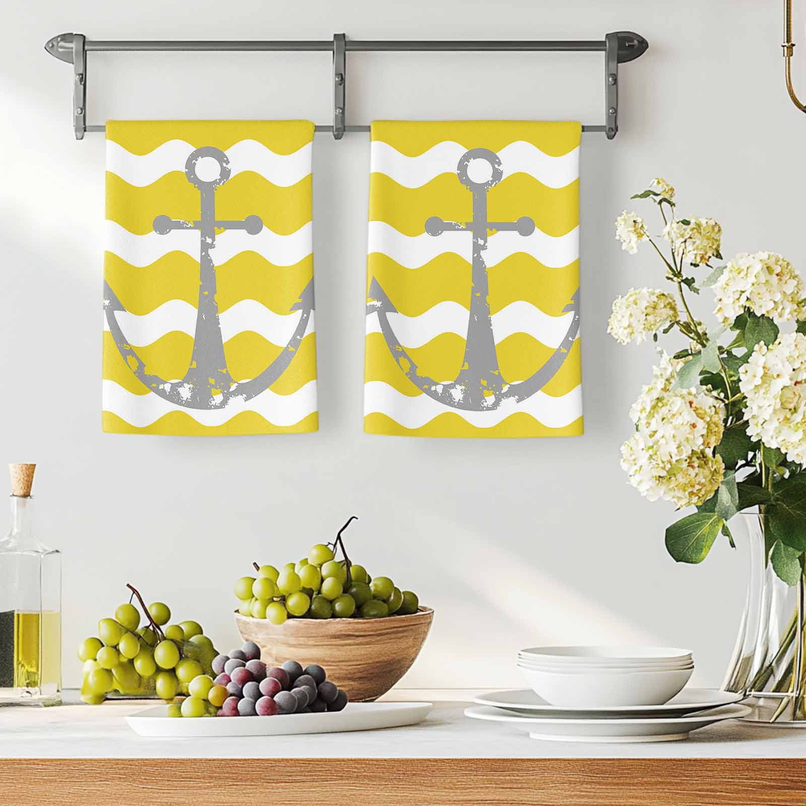 Dish Towels, Nautical Anchor Absorbent Kitchen Towels 2 PCS, Yellow and White Wave Stripes Microfiber Hand Towels Dish Cloths Tea Towels for Home&nbsp;Bathroom Cleaning Drying,18X28-Inch,
