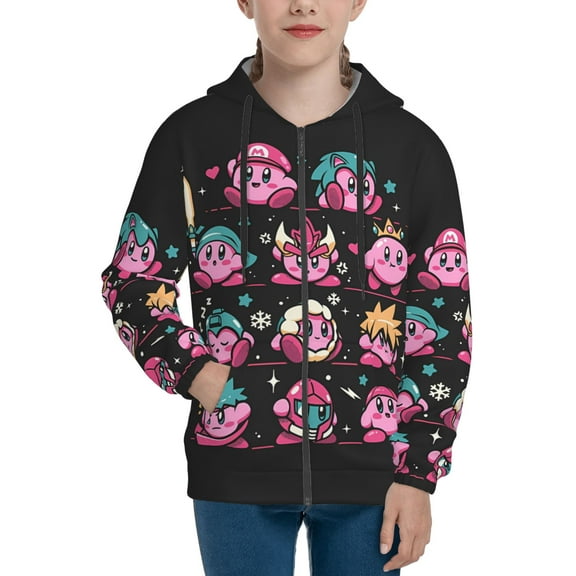 Kirby Kids Zip Up Hoodies for Boys Girls 6-16 Hooded Sweatshirt with Pocket Long Sleeve Jacket Small