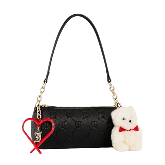 Juicy Couture Women’s Demi Shoulder Bag with Heart Quilt Texture & Plush Bear Charm, Black