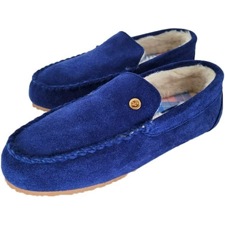 

LIFE IS GOOD Women s Venetian Moccasin Slippers 302795W - Suede Close Back Indoor/Outdoor Slip-Ons with Faux Fur or Plaid Lining Cushioned Footbed & EVA Outsoles Dk Blue/Plaid - Size 6