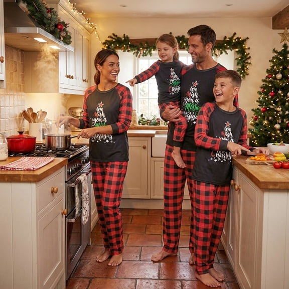 Christmas Family Pajamas Matching Set Letter Print Long Sleeve Tops and Plaid Pants Sleepwear