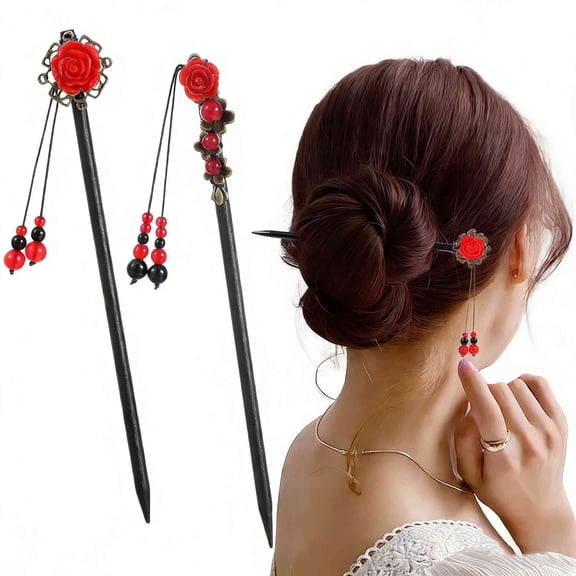 2Pcs Chinese Hair Sticks, 7.1“ ”Wooden Hair Chopsticks, Asian Retro Flower Tassel Updo Hairpin Chopsticks for Women and Girls(Black Red)