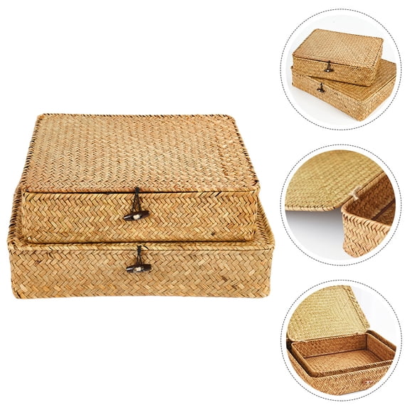 OATIPHO Khaki Woven Storage Baskets with Lids for Home Organization 2Pcs