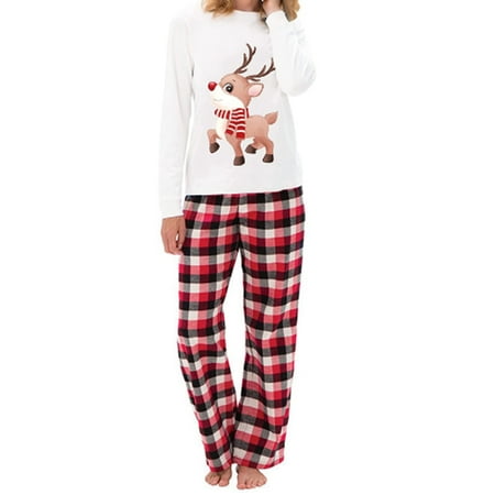 

Christmas Pajamas for Family Matching Sets Long Sleeve Elk Printed Tops+ Elastic Plaid Pants Romper Sets