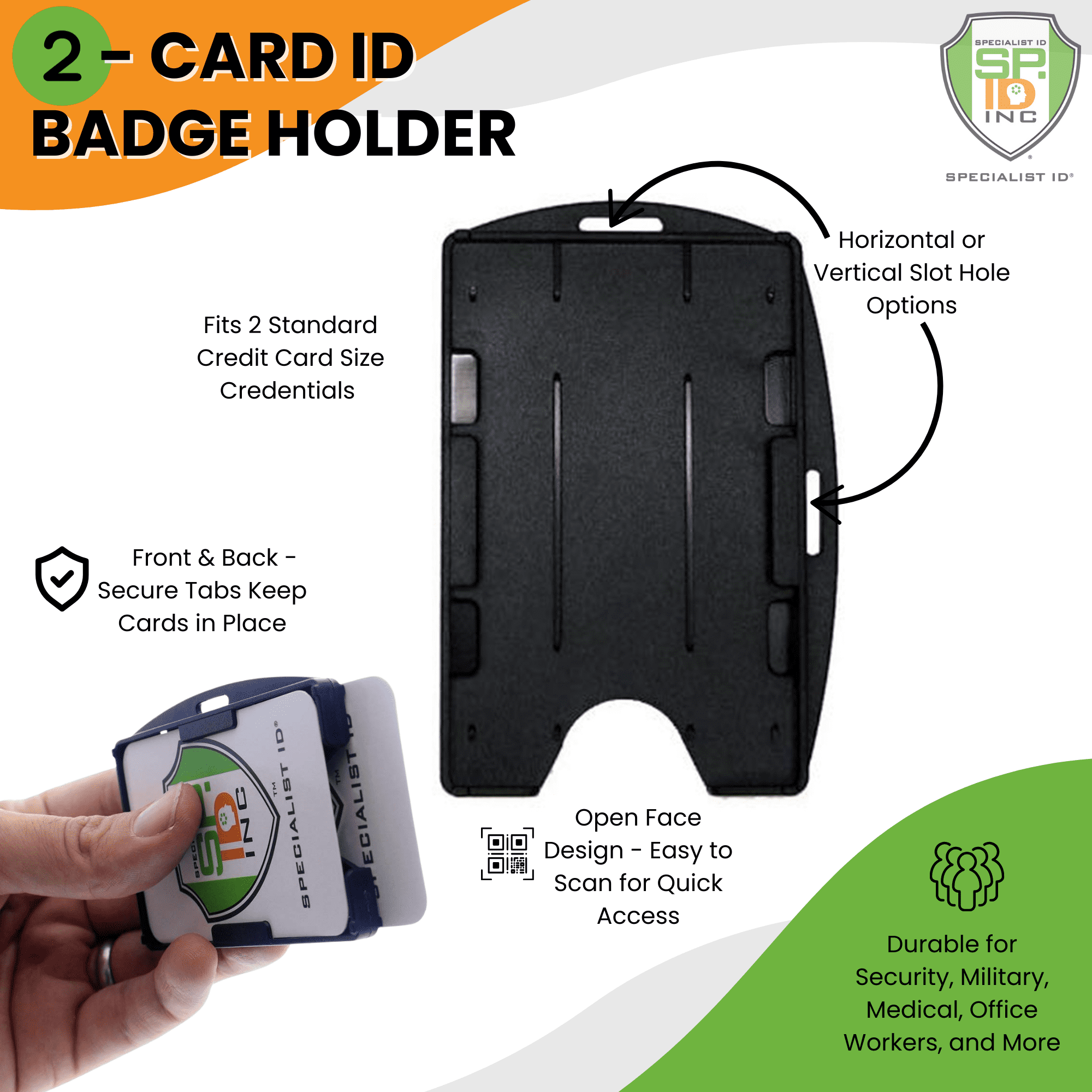 Bulk 50 Pack - Specialist ID Black Dual Card ID Badge Holder - Holds 2 Cards - Rigid Hard Plastic