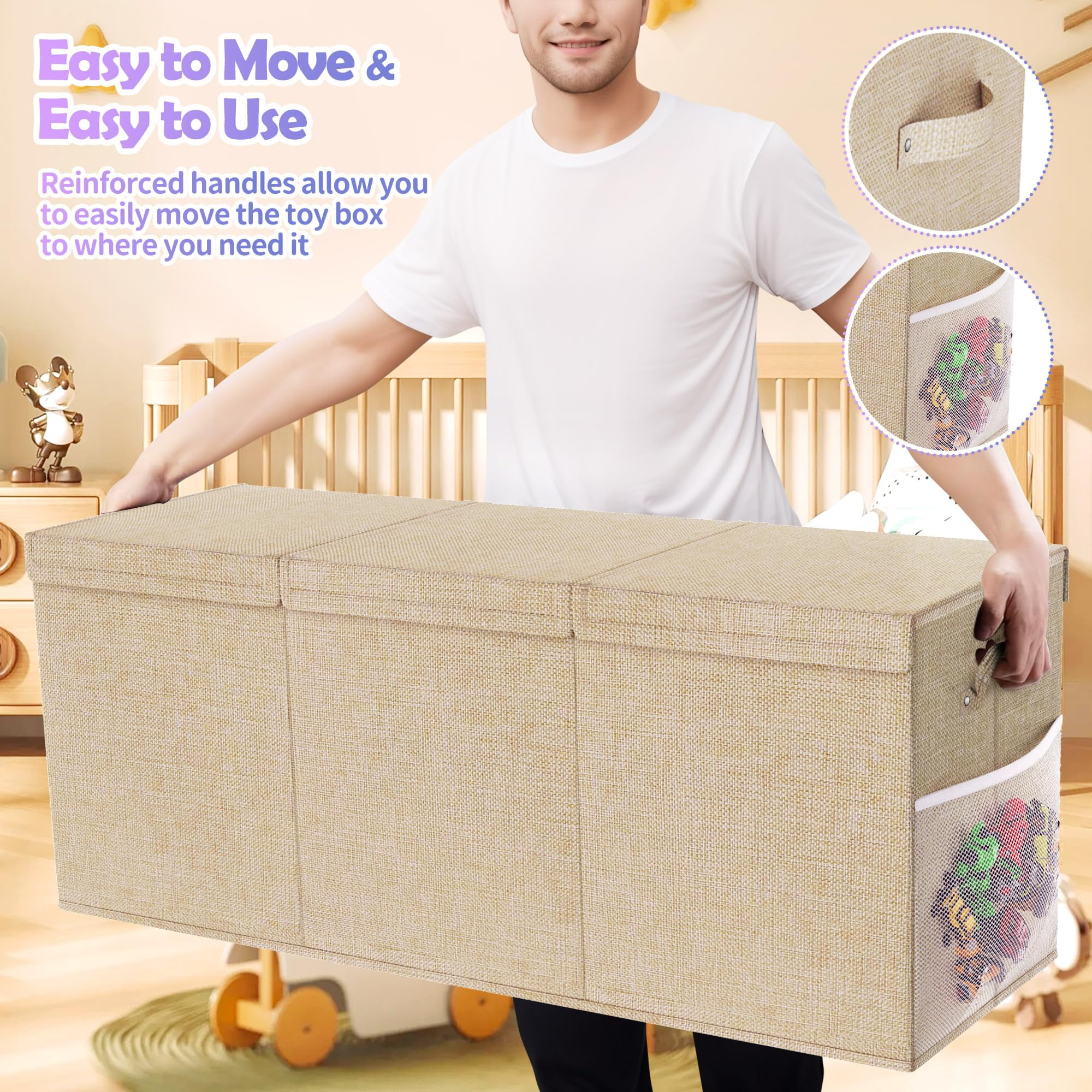 Extra Large Toy Box, Collapsible Sturdy Kids Toy Chest Storage Box with 3 Side bags and Removable Lids, 40"X14"X16"，large toy box for Nursery Room, Playroom,Closet,Home Organization,School，Deep beige