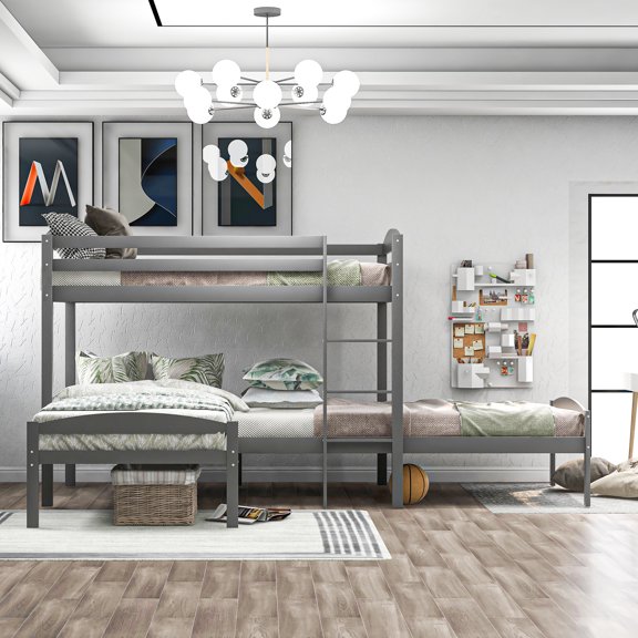 Euroco Twin over Twin over Twin L-Shaped Bunk Bed, Pine Wood for Kids Room, Gray