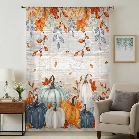Teal Orange Pumpkins Fall Sheer Curtains 84 Inches Long, Thanksgiving Leaves Brown Wooden Light Filering Curtains, Breathable Simi Curtain Privacy Drapes for Living Room Bedroom Window Treatment