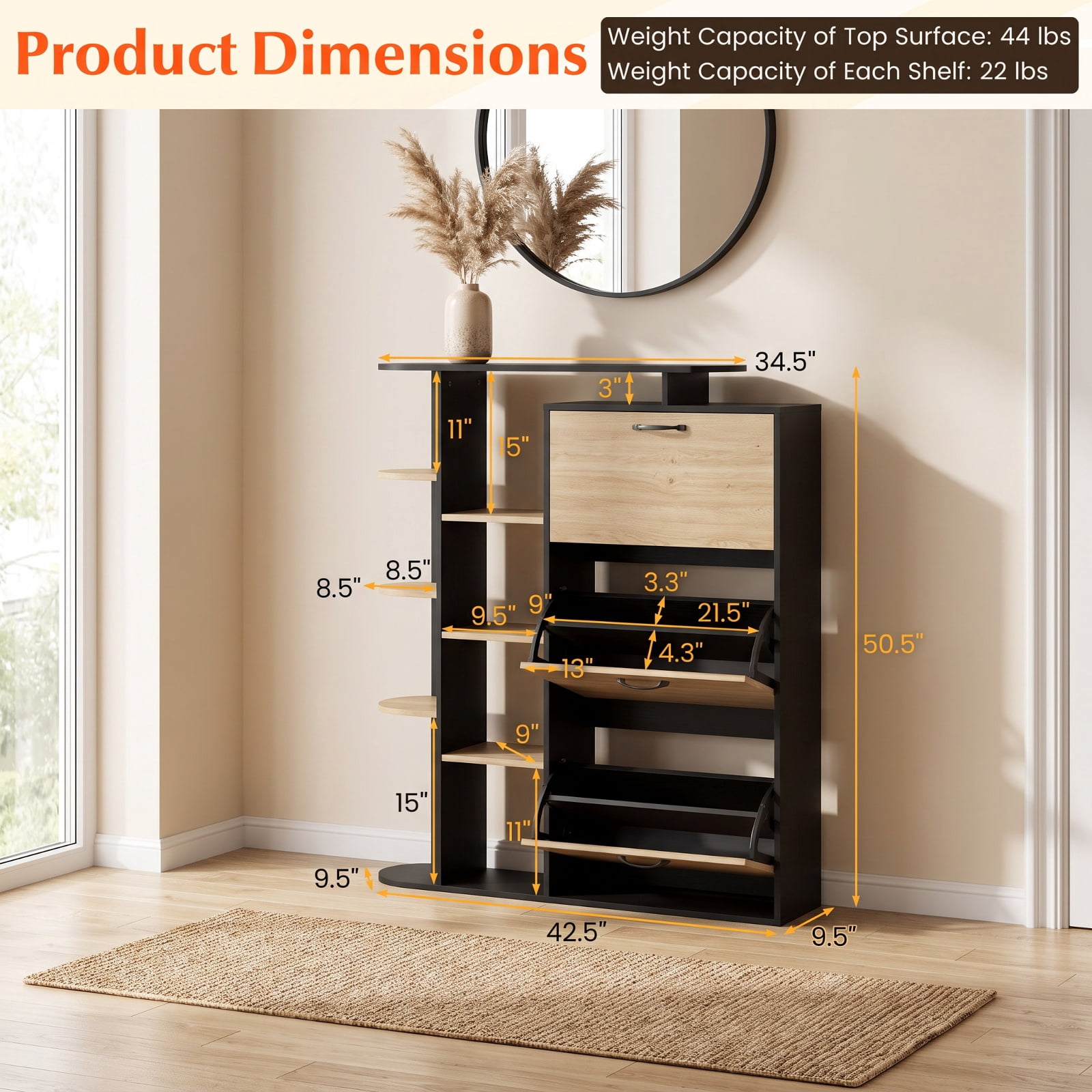 Furnibear Tall Shoe Cabinet with Open Shelves and 3 Flip Drawers Modern Freestanding Shoe Storage Organizer for Entryway Hallway, Black