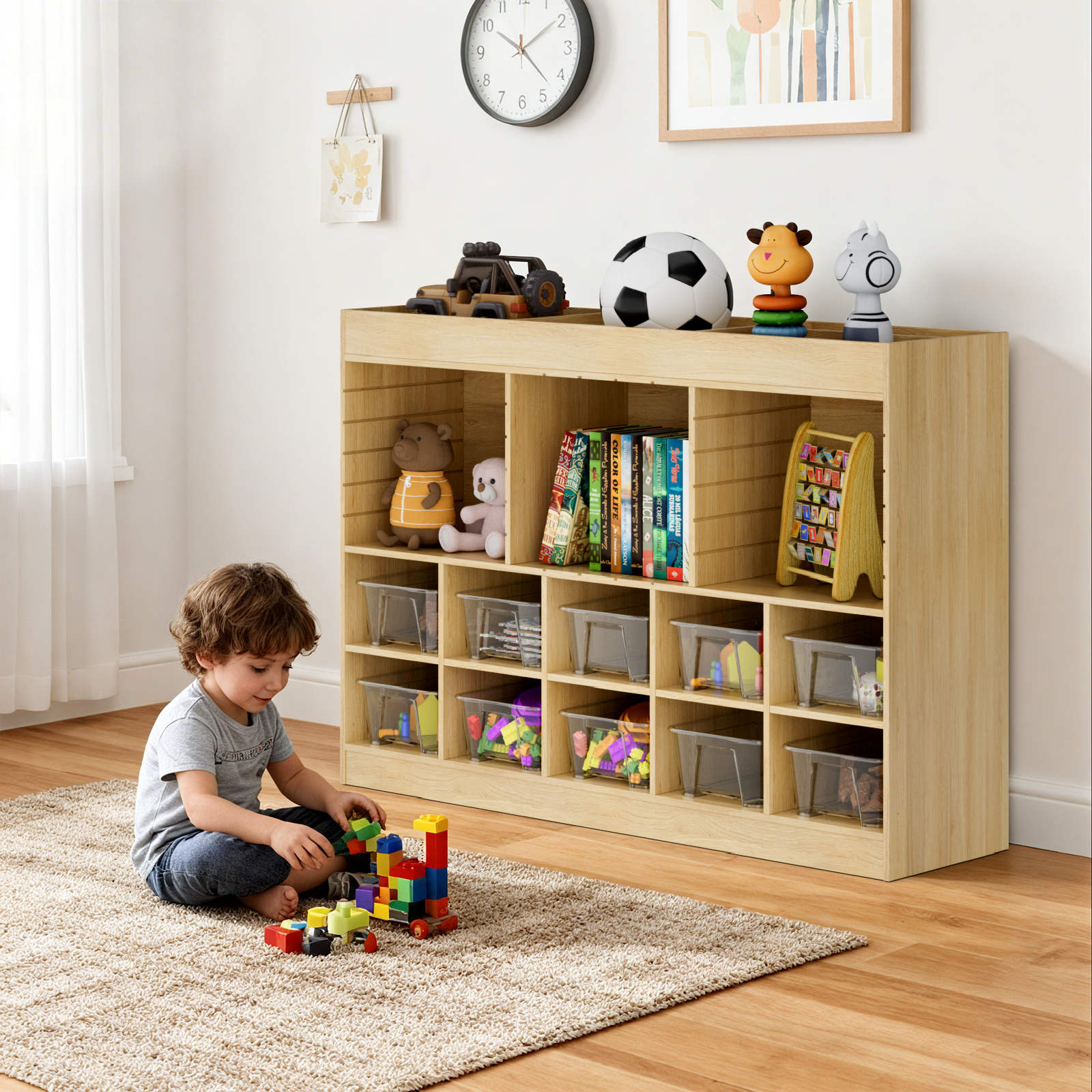 Advwin Wooden Classroom Storage Cabinet with Adjustable Shelves, 10 Cubbies, Removable Dividers & Anti-Tip Kit, Toy Storage Bookshelf for Preschool, Daycare, Home School