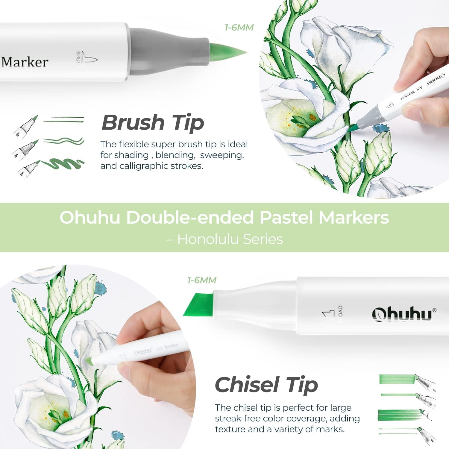 Ohuhu Alcohol Based Markers - 48 New Pastel Colors - Blossoming, Brush & Chisel Tips - Honolulu
