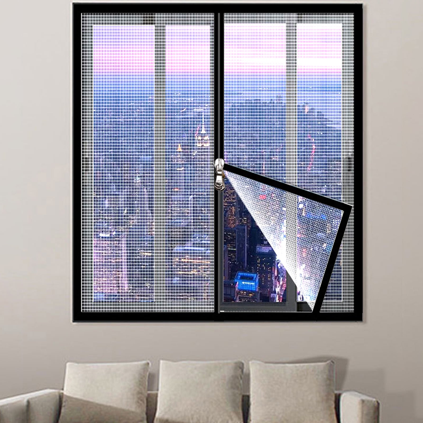 yulier Window Screen with Zipper, Adjustable Self-Adhesive Screen for House Window, Stainless Steel Wire Fine Mesh Insect Fly Screen, Black Frames White Mesh, 39x47 Inches