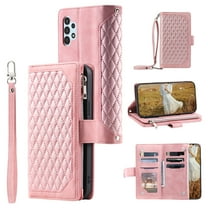 Feishell Crossbody Wallet Phone Case for Samsung Galaxy A32 5G,Luxury PU Leather Magnetic Buckle Zipper Pocket Card Slots Flip Stand Protective Cover with Hand Strap & Shoulder Strap,Rosegold