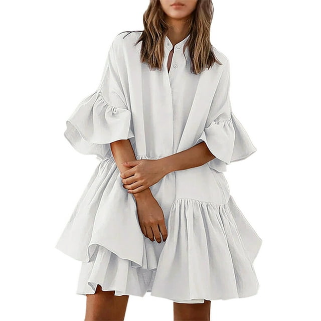 Vestido con cintura elástica y lazo delantero para mujer - Cuello en V, manga larga, estampado floral y volantes en capas, mini