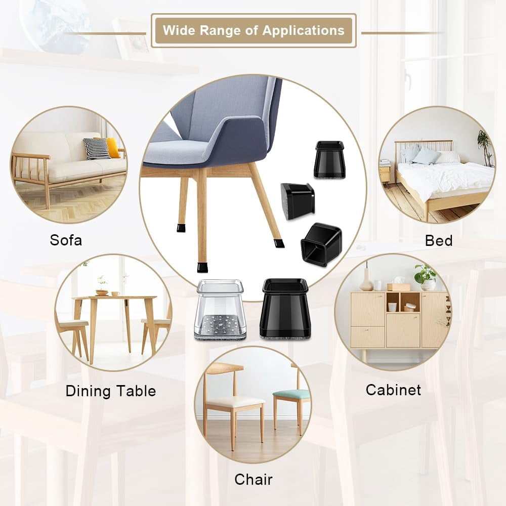 32 Pcs Square Chair Leg Protectors for Hardwood Floors, Felt Furniture Pads Floor Protectors, Silicone Chair Leg Caps Covers,Large (fit Side Lenght: 1.02'' - 1.57'')