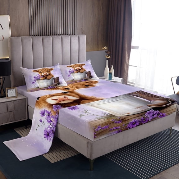 Manfei Cup Cow Bed Sheets Set Twin Size, Purple Flower Floral Bed Sheets Twin, Rustic Western Animal Bedding Twin Size, Breathable Bedroom Decorative, 3pcs