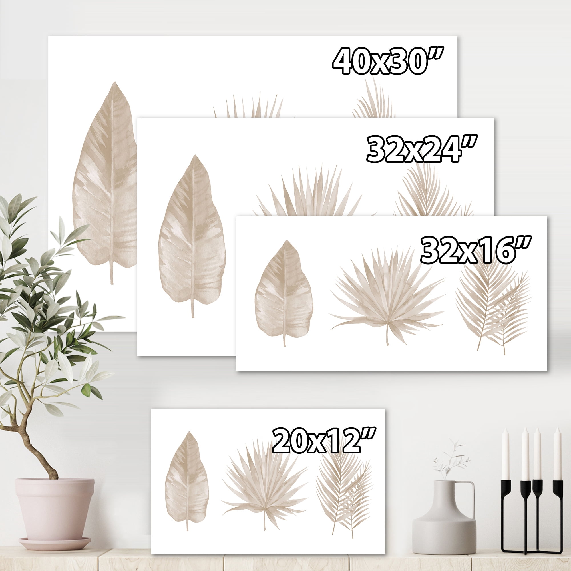 Designart ' Tropical Beiges Leaves On White ' Traditional Canvas Wall Art Print