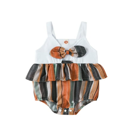 

Mubineo Baby Girls Summer Casual Romper Cute Sleeveless Layered Ruffle Striped Playsuit with Bow Decor
