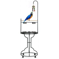 67" Elegant Parrot Stand Large Bird Playstand Natural Wood Parrot Perch with Easy Grip Pet Products Stainless Steel Tray Bowls Toy Hook Rolling Wheels