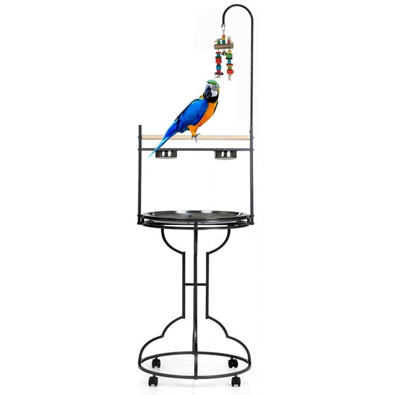 67" Elegant Parrot Stand Large Bird Playstand Natural Wood Parrot Perch with Easy Grip Pet Products Stainless Steel Tray Bowls Toy Hook Rolling Wheels