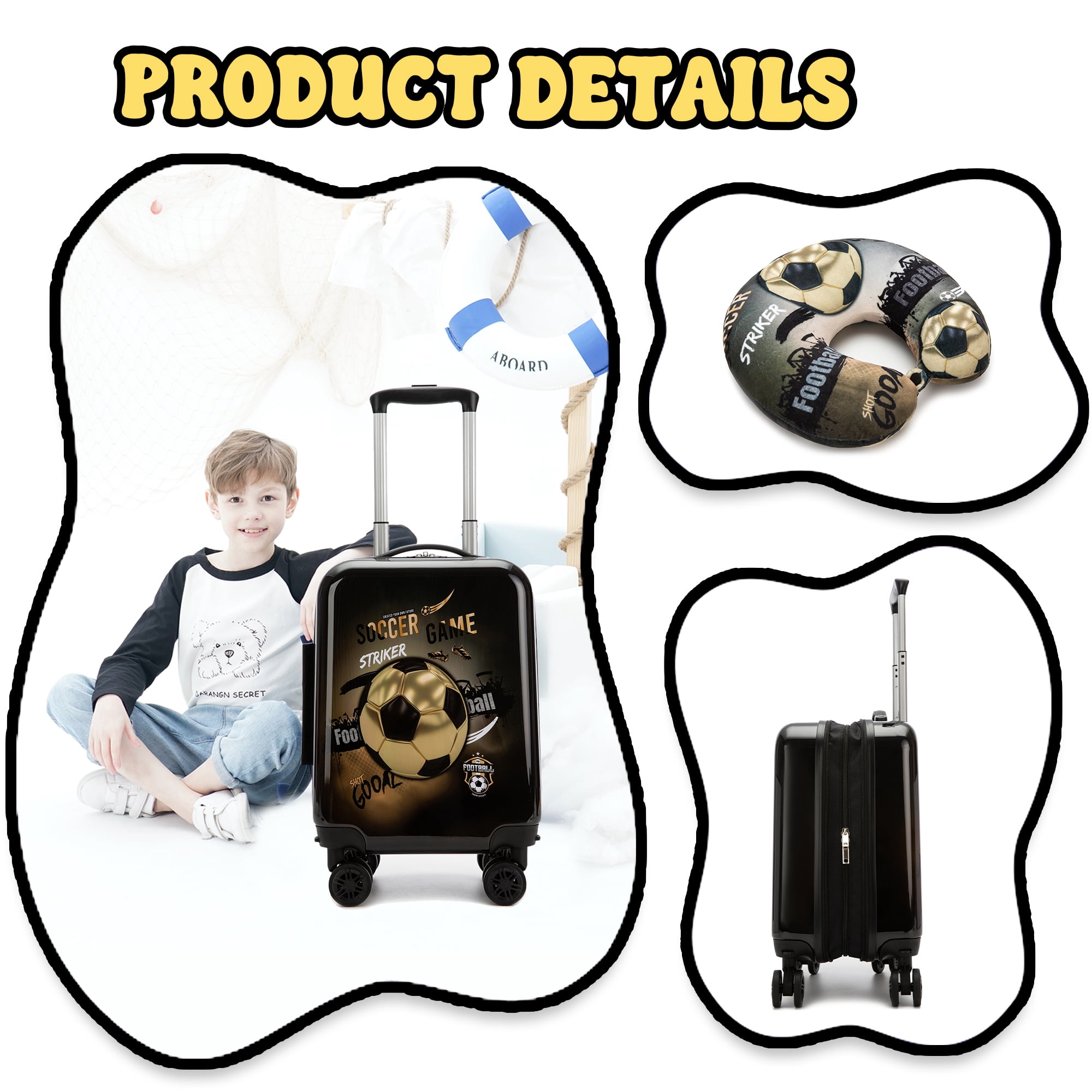 Kids Luggage Sets 3 Piece Small Suitcases with Wheels for Boys Rolling Suitcase with Travel Pillow Duffle Bag Soccer