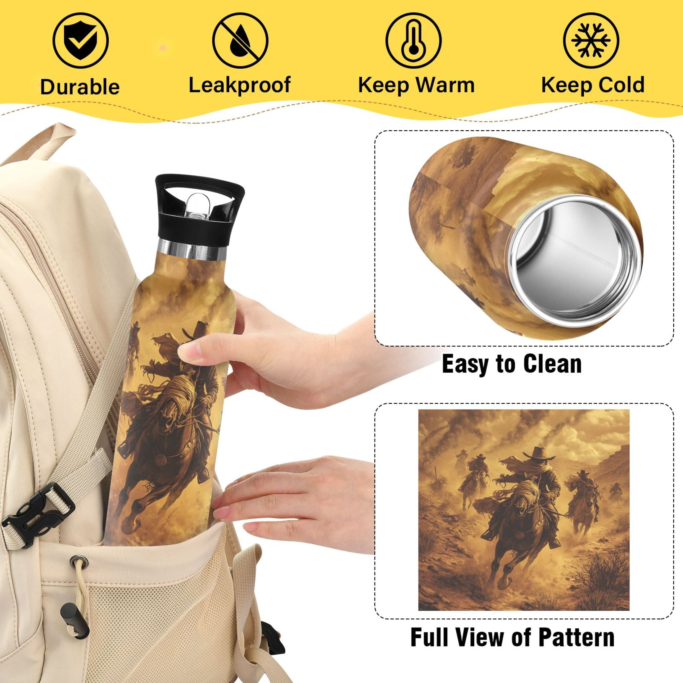 600ML Stainless Steel Insulated Cup Sports Water Bottle Portable Thermos Cup Water Glasses Insulated Tumblers Convenient and Durable Riding Cowboys