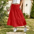 thumbnail image 2 of Miluxas Women's Boho Tiered Ruffle Maxi Skirt, Lightweight Crinkle Fabric Drawstring Waist Skirt, Summer Flowy Casual Skirt for Beach Red 9 Years, 2 of 9