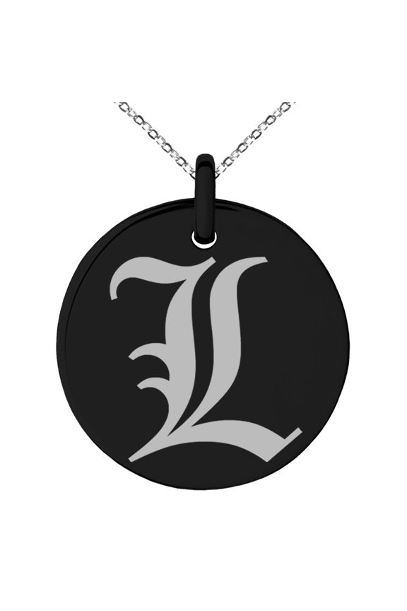 Stainless Steel Letter L Initial Old English Monogram Engraved Small Medallion Circle Charm Pendant Necklace